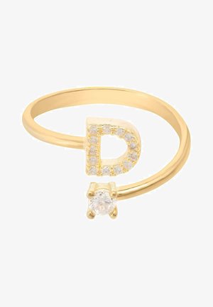 Vergoldeter Ring mit einem "D", das mit klaren, funkelnden Strasssteinen und einem kleinen runden Edelstein akzentuiert ist. Schlichtes Banddesign.