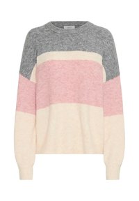Maglione lavorato a maglia con scollo rotondo, maniche lunghe e un design a blocchi di colore in grigio, rosa pallido e crema, con una finitura morbida e testurizzata.