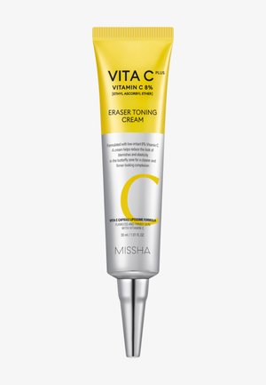 Tube Vita C Plus Vitamine C 8% Eraser Toning Cream met zilvergele verpakking, 30 ml, van Missha voor het verminderen van vlekken en het verstevigen van de huid.