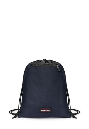 Marineblå snørepose med sort lynlåslomme og sorte snore, med et rektangulært Eastpak-logo-mærke nederst i midten.