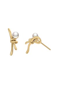 Náušnice zlaté barvy s točitým designem, ozdobené kulatou bílou perlou. Elegantní, moderní tvary s leštěným povrchem.