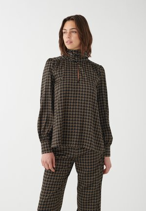 Schwarze Bluse mit hohem Kragen, Schlüsselareal und puffärmeln. Verfügt über ein goldenes Diamantenmuster und weichen, leichten Stoff.