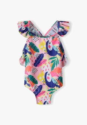 Colorful one-piece swimsuit with ruffled sleeves, featuring a pink background, tropical leaves, and playful patterns in blue, yellow, and green.