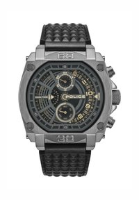 Analogna zapestna ura z ohišjem iz kovinskega srebra, črnim teksturiranim usnjenim paščkom, zaslonom z dvojnim prikazom časa in tremi podštevci na temnem številčniku.