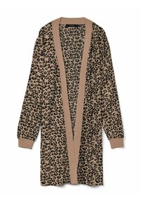 Cardigan en imprimé léopard beige et noir, avec des manches longues, un design à avant ouvert, et des bords côtelés pour plus de structure et de texture.