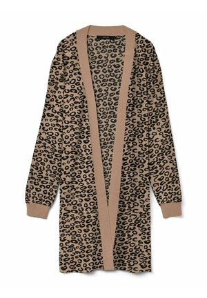 Cardigan con stampa leopardo in beige e nero, caratterizzato da maniche lunghe, un design davanti aperto e bordi a coste per maggiore struttura e consistenza.