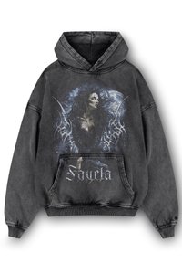 Sudadera de algodón negra con un gráfico de una mujer con cabello largo y acentos esqueléticos, bolsillo frontal y puños con canalé.