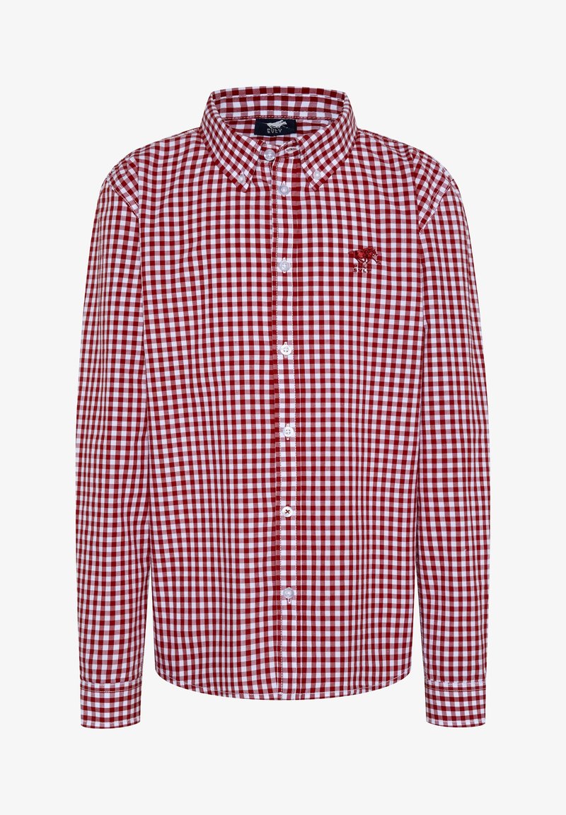Chemise à carreaux rouge et blanc, à manches longues, avec col, arborant un petit logo sur la poitrine, fabriquée en tissu léger.