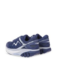 Blue athletic shoes featuring a textured mesh upper, white accents, a cushioned sole, and distinctive rear foot design for support.