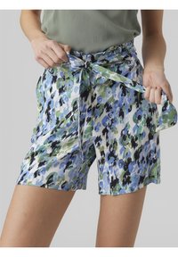 Lightweight fabric shorts featuring a blue, green, and black abstract floral pattern, with a tie waist and relaxed fit.