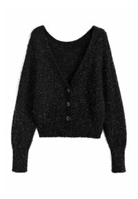 Black cropped cardigan with a V-neck, long sleeves, and four circular buttons. Made of soft, textured fabric with subtle metallic fibers.