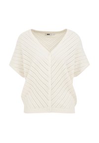 Kremowy dzianinowy kardigan z krótkimi rękawami, posiadający dekolt w serek, zapinany na guziki z przodu, z motywem zygzaka na całej tkaninie.