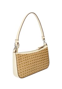 Vævet stråhåndtaske i beige med et cremegult kunstlæderrem og detaljer, med en lynlåslukning og en flad, rektangulær form.