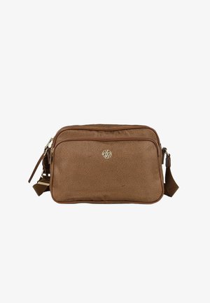 Borsa a tracolla sintetica marrone con motivo floreale in rilievo, logo dorato, singolo manico regolabile e due compartimenti con zip.