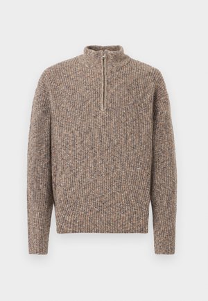 Maglione lavorato a maglia marrone maculato con maniche lunghe e una breve cerniera al collo alto.