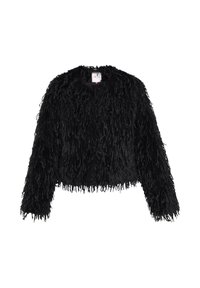 Schwarze langärmelige Jacke mit einem struppigen, strukturierten, fellähnlichen Design, rundem Ausschnitt und verkürzter Länge.