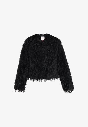 Schwarze langärmelige Jacke mit einem struppigen, strukturierten, fellähnlichen Design, rundem Ausschnitt und verkürzter Länge.
