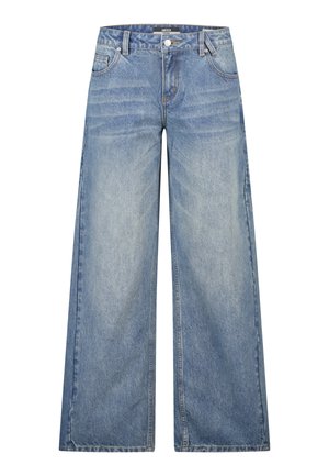 Lichtblauwe jeans met hoge taille en wijde pijpen, voorzakken, riemlussen, knoop- en ritssluiting, vervaagde details op de dijen.