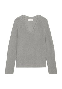 Pull en tricot gris à manches longues avec col en V et texture côtelée, posé à plat sur un fond blanc.