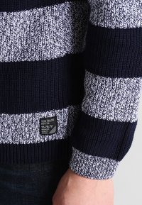 Gros plan d'une personne portant un pull en tricot rayé bleu marine et blanc avec une étiquette de marque Tom Tailor visible près de la taille et du poignet.