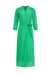 Lungo abito verde realizzato in tessuto trasparente, caratterizzato da una chiusura con bottoni, colletto e una cintura da legare. Il motivo include ritagli e dettagli testurizzati.