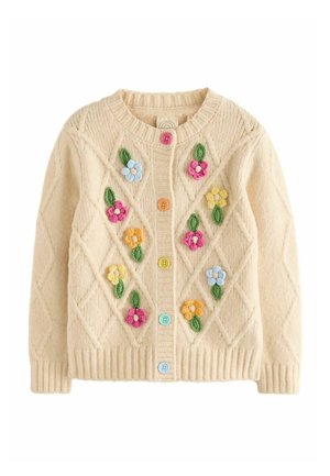 Cardigan en maille crème avec motif losanges, broderie florale multicolore et boutons aux couleurs de l’arc-en-ciel sur le devant.