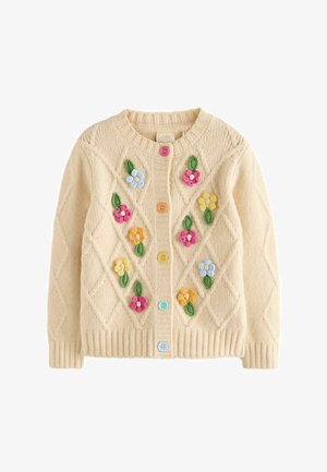 Cardigan en maille crème avec motif losanges, broderie florale multicolore et boutons aux couleurs de l’arc-en-ciel sur le devant.