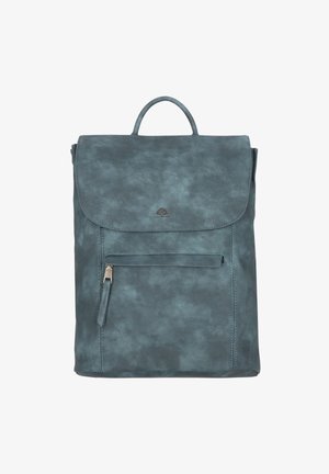 Zaino in ecopelle verde acqua con chiusura a patta, tasca frontale con zip e manico superiore. Texture liscia con un motivo sottile. Accenti hardware minimi.