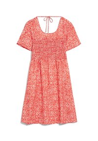 Červené šaty s listovým vzorem, plisovaný korzet, krátké rukávy a zavazování na zádech. Vyrobené z lehkého materiálu.