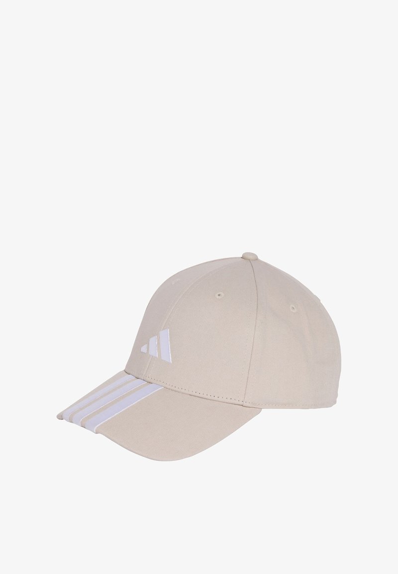 Beige baseball cap with white stripes on the visor and logo. Cotton material with a rounded crown and adjustable back strap.