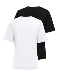 Two plain short-sleeve t-shirts, one white in front and one black behind, shown from the back on a white background.