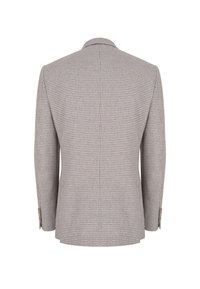 Żakiet w wzór houndstooth w jasnoszarym i beżowym kolorze, z wyraźną sylwetką, klapami i guzikami przy rękawach.