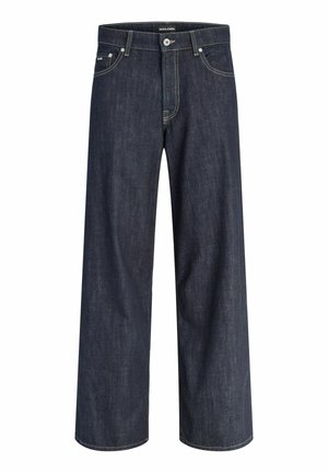 Jean bleu foncé à jambes droites avec fermeture bouton et zip, poches avant et coutures visibles sur fond blanc.