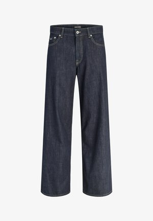 Jean bleu foncé à jambes droites avec fermeture bouton et zip, poches avant et coutures visibles sur fond blanc.
