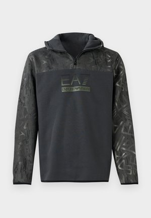 Black hooded sweatshirt with a half-zipper, featuring a textured graphic pattern on sleeves and a logo print in dark green on the chest.