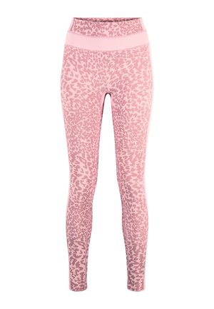 Leggings rose à taille haute avec un motif léopard rose foncé, design sans coutures et large ceinture élastique.