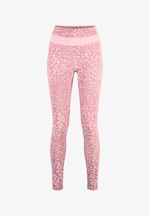 Leggings rose à taille haute avec un motif léopard rose foncé, design sans coutures et large ceinture élastique.