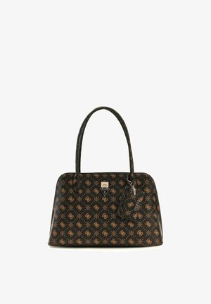 Schwarze und braune Guess-Handtasche mit durchgehendem Logoprint, doppelten Griffen und angebrachtem kleinem passenden Anhänger mit Reißverschluss aus Metall.