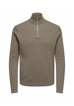 Beige knitted pullover with a high collar and a quarter zipper. Features a ribbed texture and long sleeves. Minimalist design.