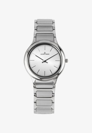 Silberne Jacques Lemans Armbanduhr aus Edelstahl mit einfachem weißem Zifferblatt, dünnen schwarzen Stundenmarkierungen und drei Zeigern, die 10:08:52 anzeigen.