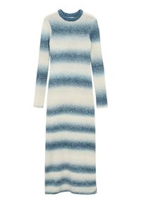 Pitkähihainen neulemekko, jossa on sinivalkoinen raidoitus, pyöreä pääntie ja ribbitekstuuri koko käytännössä.