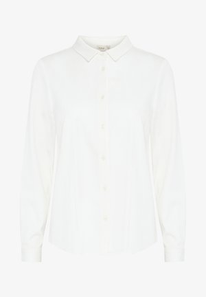 Biela blúzka s dlhými rukávmi a golierom, s predfíkaním na gombíky a hladkým, ľahkým materiálom. Jemne zakrivený lem a prispôsobený strih.