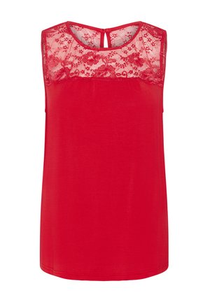 Rød ærmeløs top med et blonderpanel ved halsudskæringen, en nøglehulsryg lukning og en glat stoffinish.