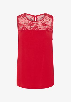 Rød ærmeløs top med et blonderpanel ved halsudskæringen, en nøglehulsryg lukning og en glat stoffinish.
