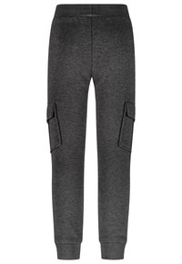 Grijze katoenen cargobroek met een getailleerde pasvorm, elastische tailleband en twee zijzakken met klepsluitingen. Gladde textuur en eenvoudig ontwerp.