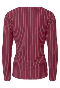 Red long-sleeve shirt with vertical gray stripes, made of soft fabric, featuring a relaxed fit and a rounded neckline on the back.