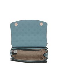 Sac à main en simili cuir bleu avec un motif floral texturé. Doté d'une fermeture magnétique et d'une doublure en tissu beige avec un intérieur à imprimé logo.