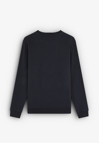 Sweatshirt bleumarin din bumbac, cu guler rotund, mâneci lungi și manșete cu model canelat, având o textură netedă.