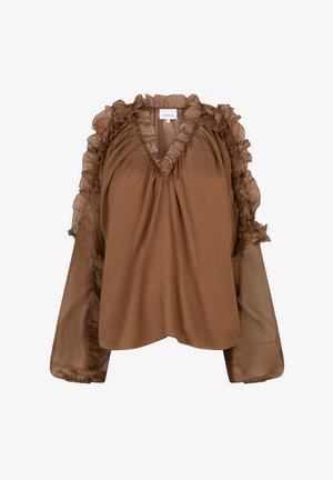 Braune Bluse mit V-Ausschnitt, verziert mit Rüschendetails entlang des Ausschnitts und der Ärmel. Hergestellt aus leichtem, transparentem Material mit fließender Passform.