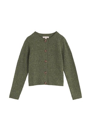 Groene wollen cardigan met een ronde hals, lange mouwen en zes bruine knopen aan de voorkant. Heeft een gestructureerd breisel en een geribde zoom.